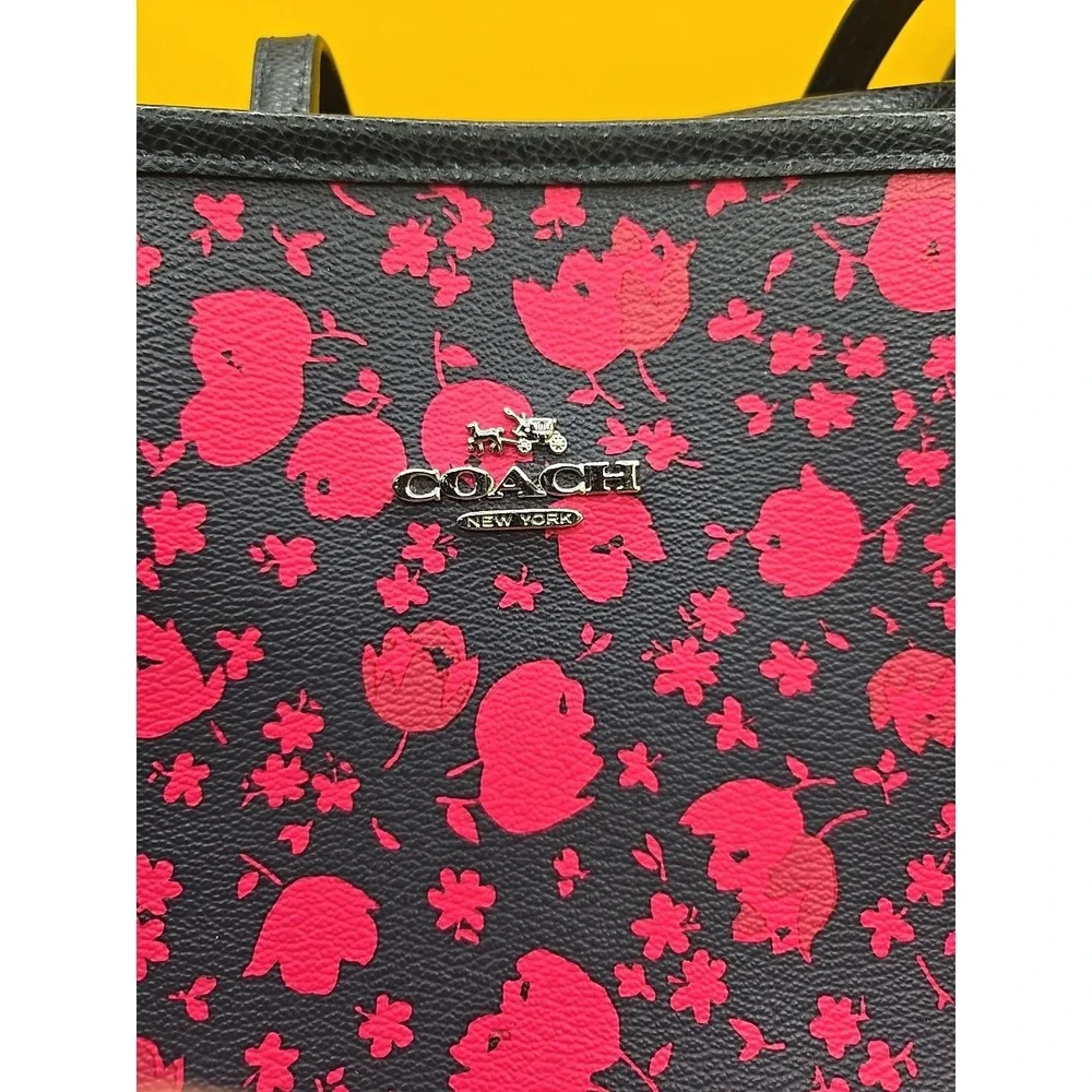 Coach City Tote Crossgrain Leather Pop Floral Print Navy Pink Handbag F66915 - Picture 8 of 10